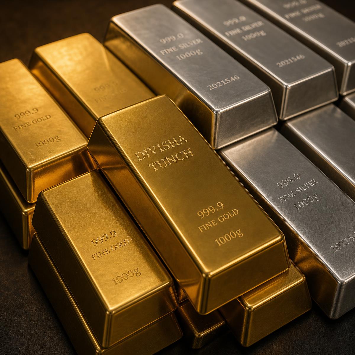 Gold and silver bars and coins — decorative brand visual